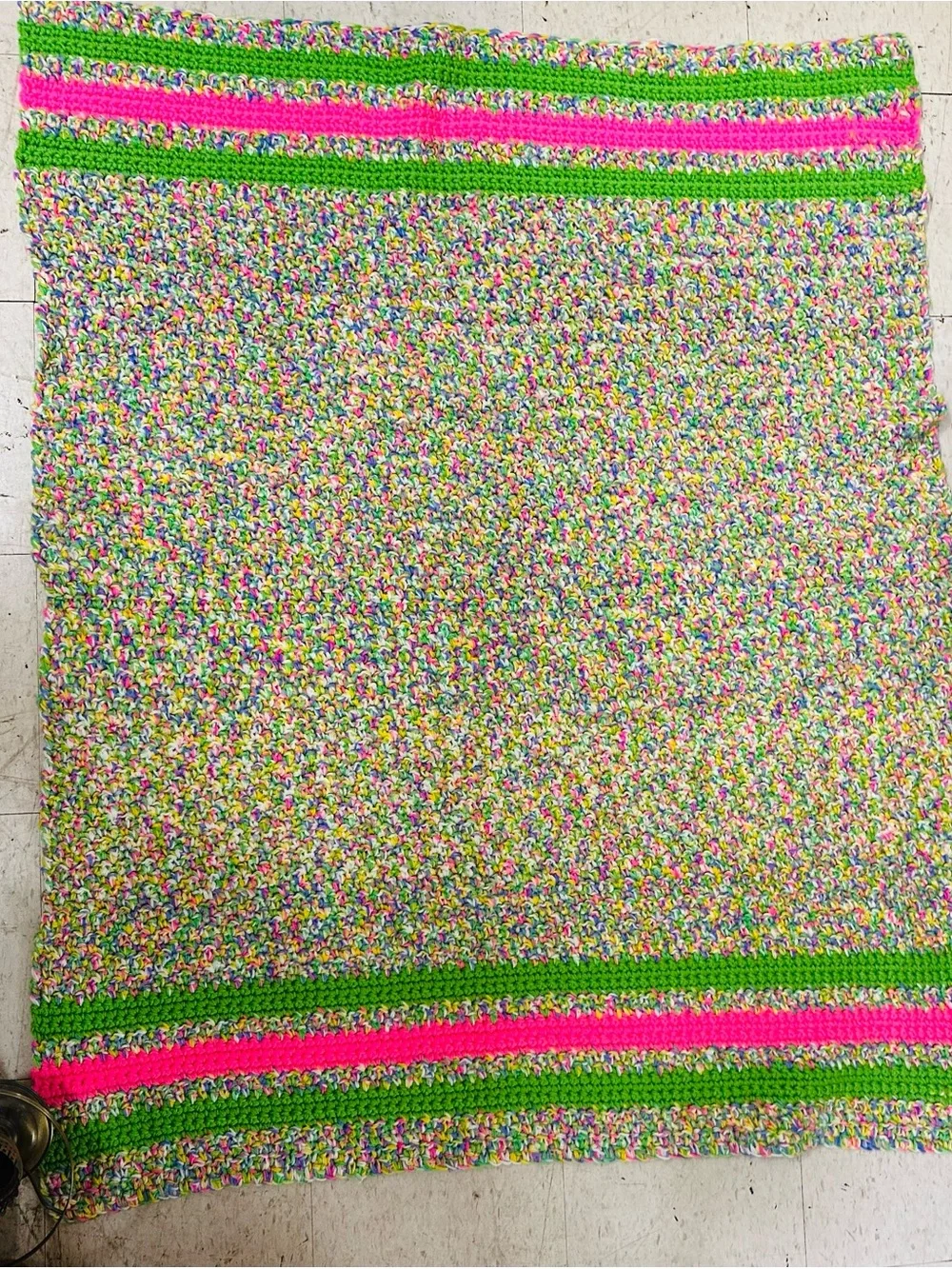 Multicolor Crocheted Throw Blanket with Pink and Green Stripes
